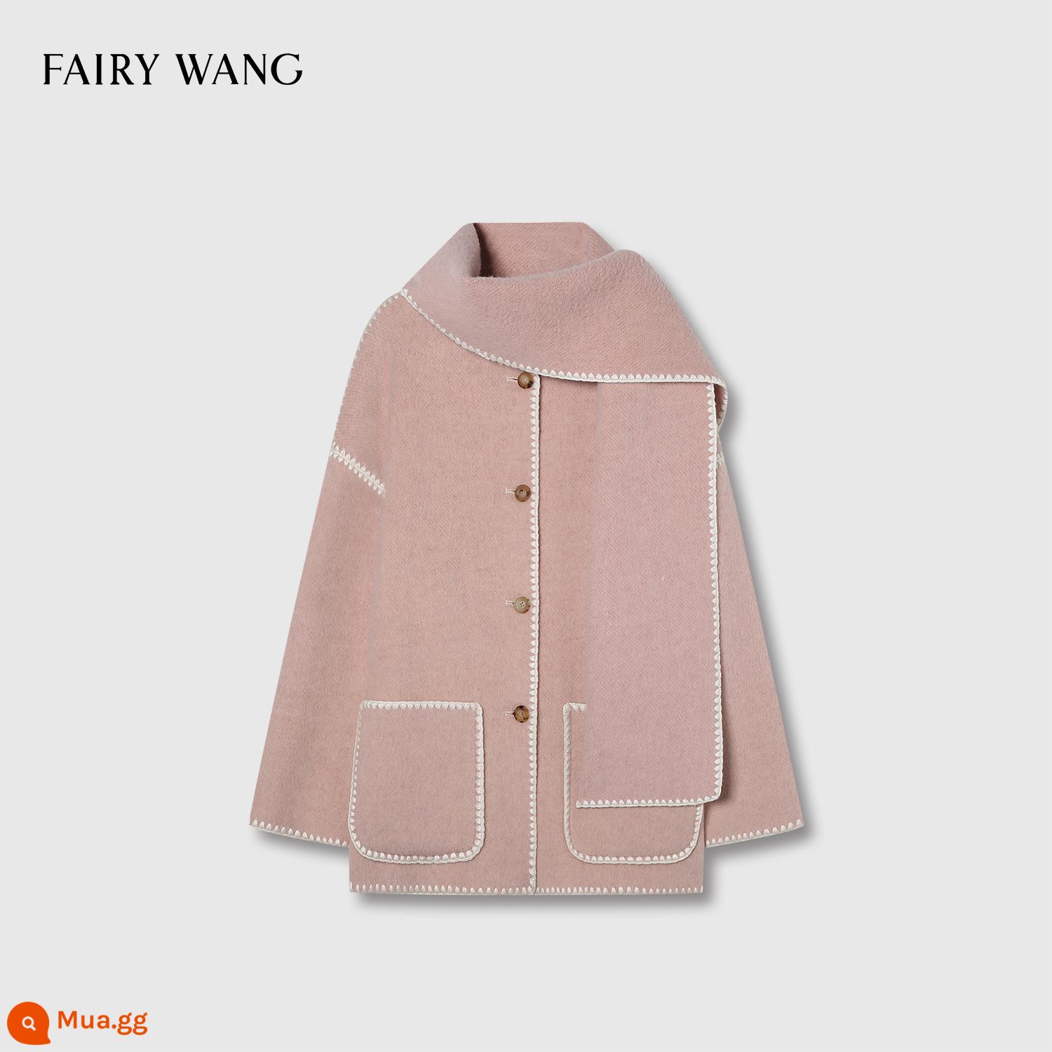 FAIRY WANG tùy biến cao cấp siêu rỗng vỏ len merino thêu lông hai mặt áo khoác có khăn quàng cổ - Bột hoa trà