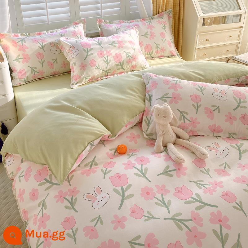 Bộ bốn món bằng cotton 100 bộ chăn ga gối đệm bằng vải cotton nguyên chất bốn mùa đơn giản thân thiện với da vỏ chăn ký túc xá sinh viên bộ ba bốn món - Bên kia hoa nở [Bông loại A dành cho bà mẹ và trẻ sơ sinh]