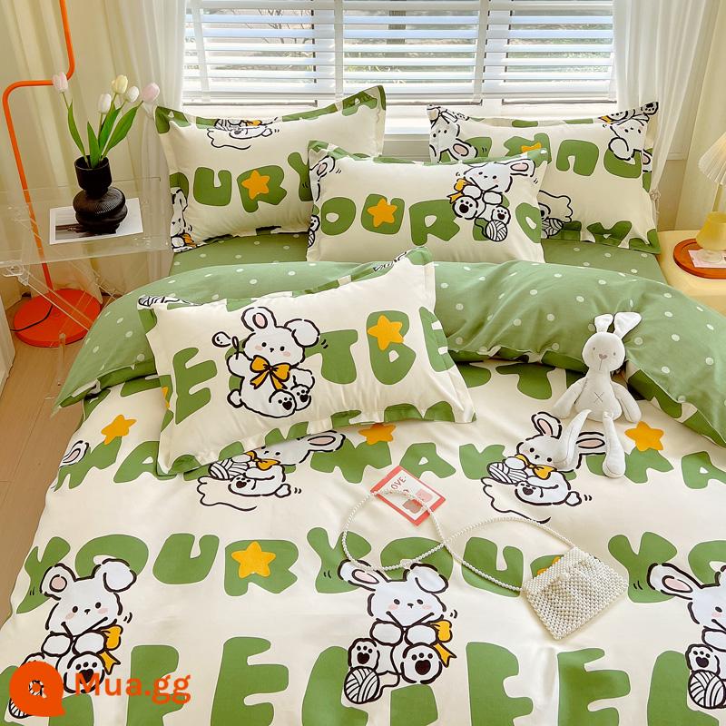 Bộ bốn món bằng cotton 100 bộ chăn ga gối đệm bằng vải cotton nguyên chất bốn mùa đơn giản thân thiện với da vỏ chăn ký túc xá sinh viên bộ ba bốn món - Thỏ Mina [Bông loại A dành cho bà mẹ và trẻ sơ sinh]