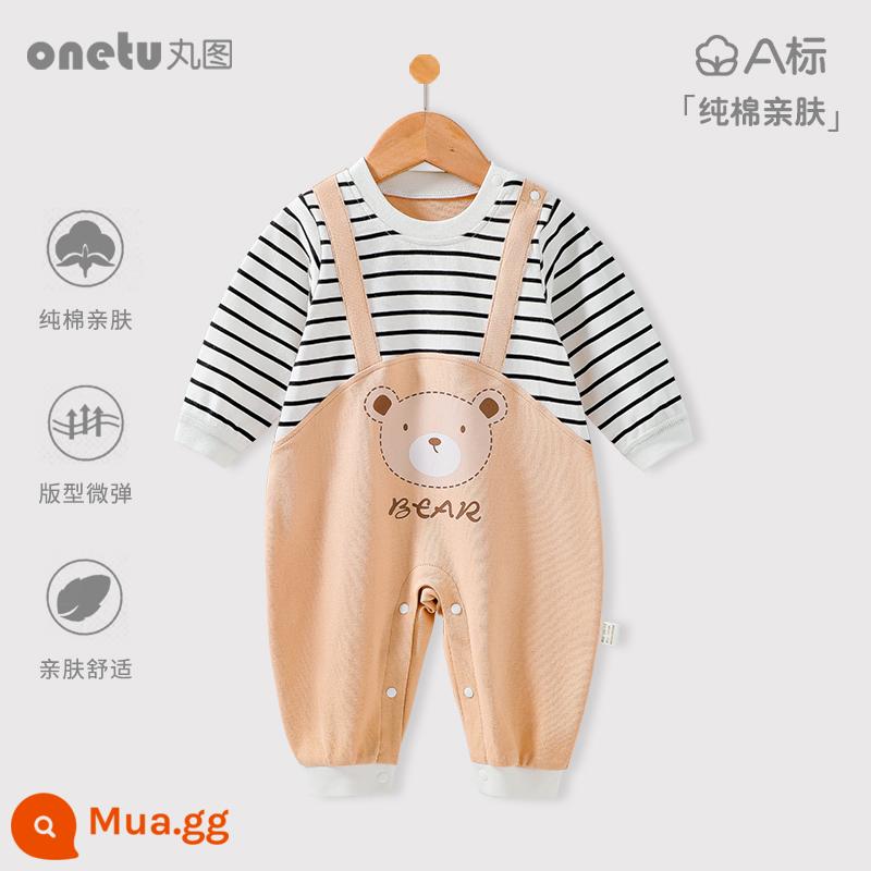 Bé cardigan áo liền quần mùa xuân và mùa thu cotton nguyên chất trăng tròn quần áo trẻ sơ sinh bé gái mùa xuân quần áo trẻ sơ sinh bé trai - Kiểu áo thun sọc gấu