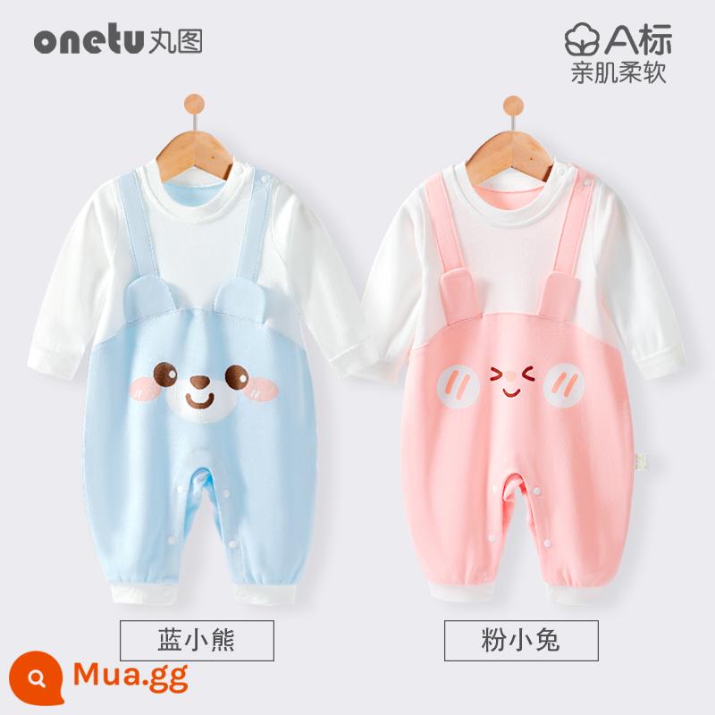 Bé cardigan áo liền quần mùa xuân và mùa thu cotton nguyên chất trăng tròn quần áo trẻ sơ sinh bé gái mùa xuân quần áo trẻ sơ sinh bé trai - Thỏ hồng + gấu xanh