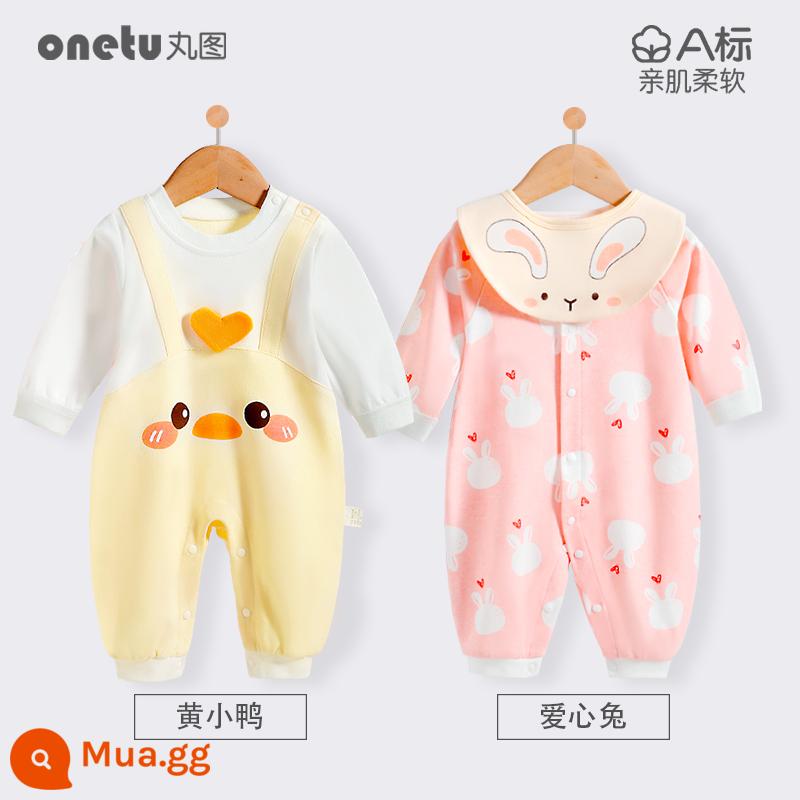 Bé cardigan áo liền quần mùa xuân và mùa thu cotton nguyên chất trăng tròn quần áo trẻ sơ sinh bé gái mùa xuân quần áo trẻ sơ sinh bé trai - Áo cardigan yêu thỏ + vịt vàng