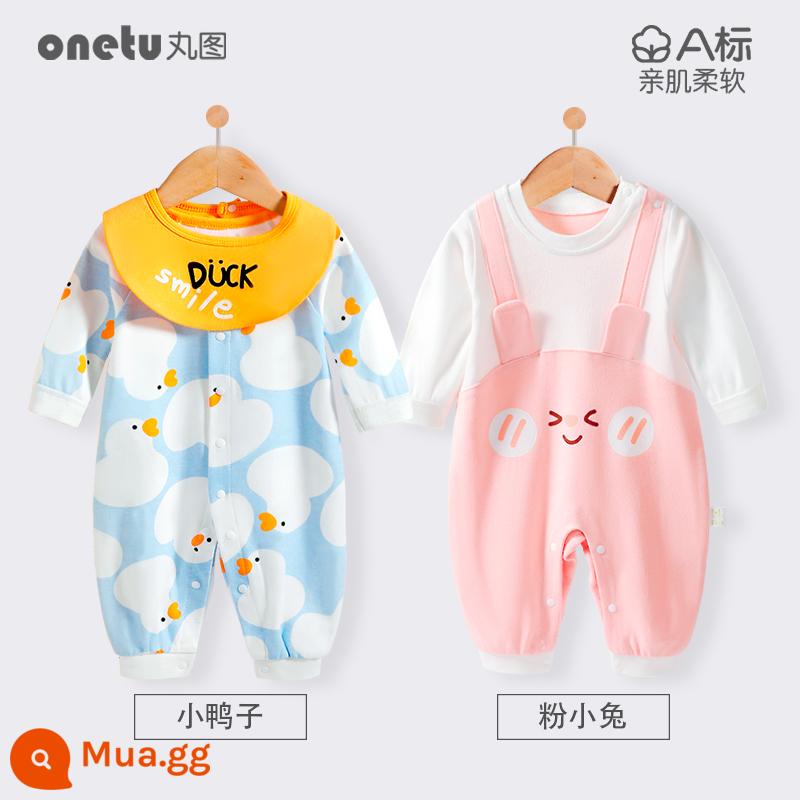 Bé cardigan áo liền quần mùa xuân và mùa thu cotton nguyên chất trăng tròn quần áo trẻ sơ sinh bé gái mùa xuân quần áo trẻ sơ sinh bé trai - Vịt cardigan + thỏ hồng