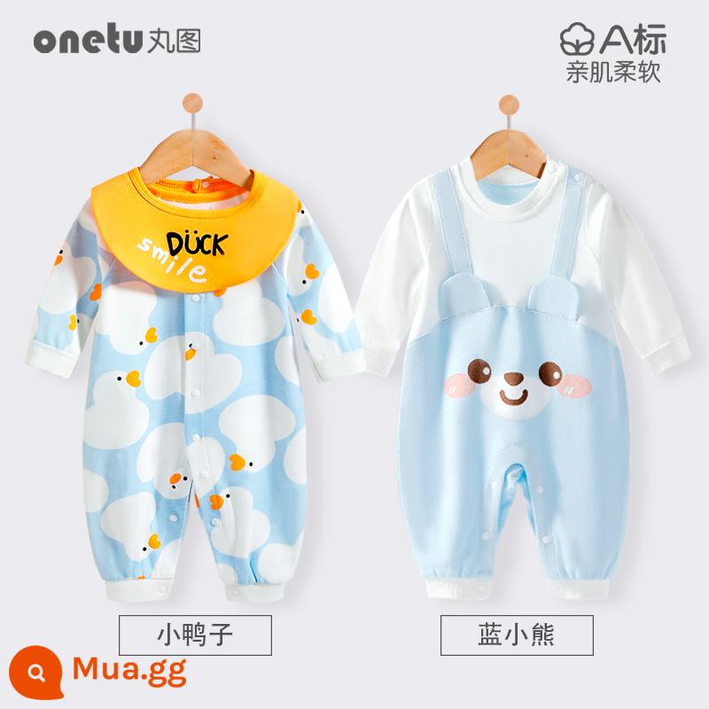 Bé cardigan áo liền quần mùa xuân và mùa thu cotton nguyên chất trăng tròn quần áo trẻ sơ sinh bé gái mùa xuân quần áo trẻ sơ sinh bé trai - Vịt cardigan + gấu xanh