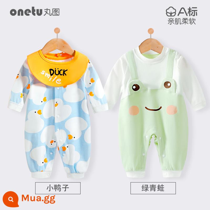 Bé cardigan áo liền quần mùa xuân và mùa thu cotton nguyên chất trăng tròn quần áo trẻ sơ sinh bé gái mùa xuân quần áo trẻ sơ sinh bé trai - Vịt cardigan + ếch xanh