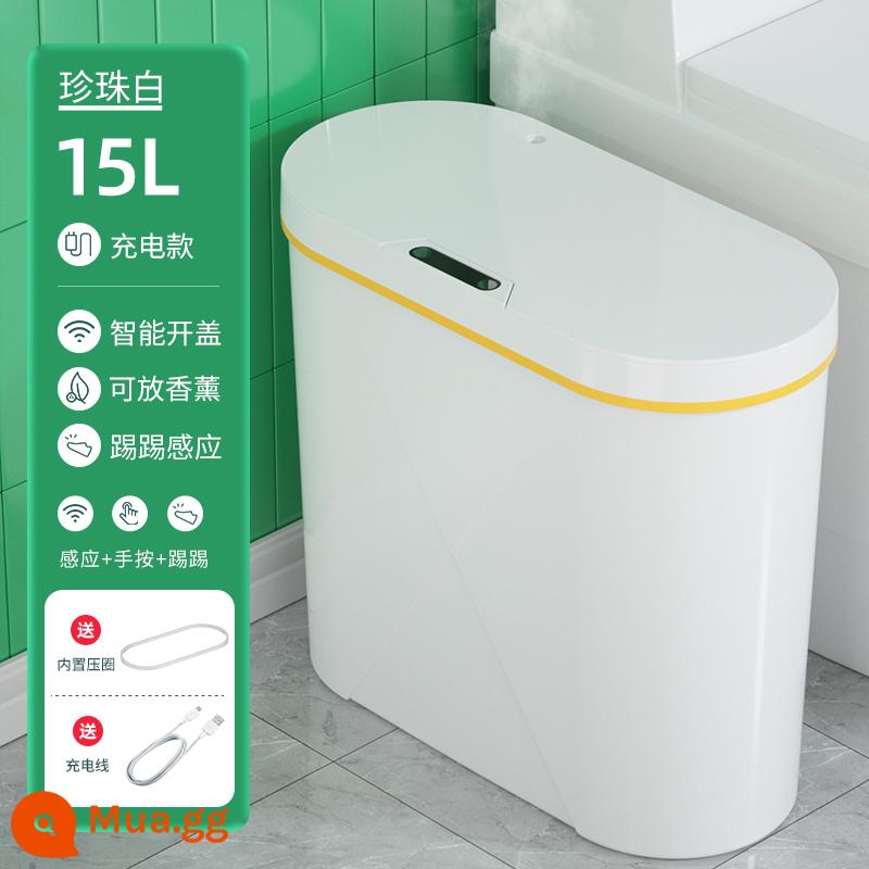 Thùng rác cảm ứng thông minh gia đình phòng khách bếp toilet phòng bột có nắp đậy hoàn toàn tự động đèn điện sọt rác sang trọng - Mẫu sạc hương liệu - trắng [cảm biến + nút + đá + phun] đóng mở im lặng