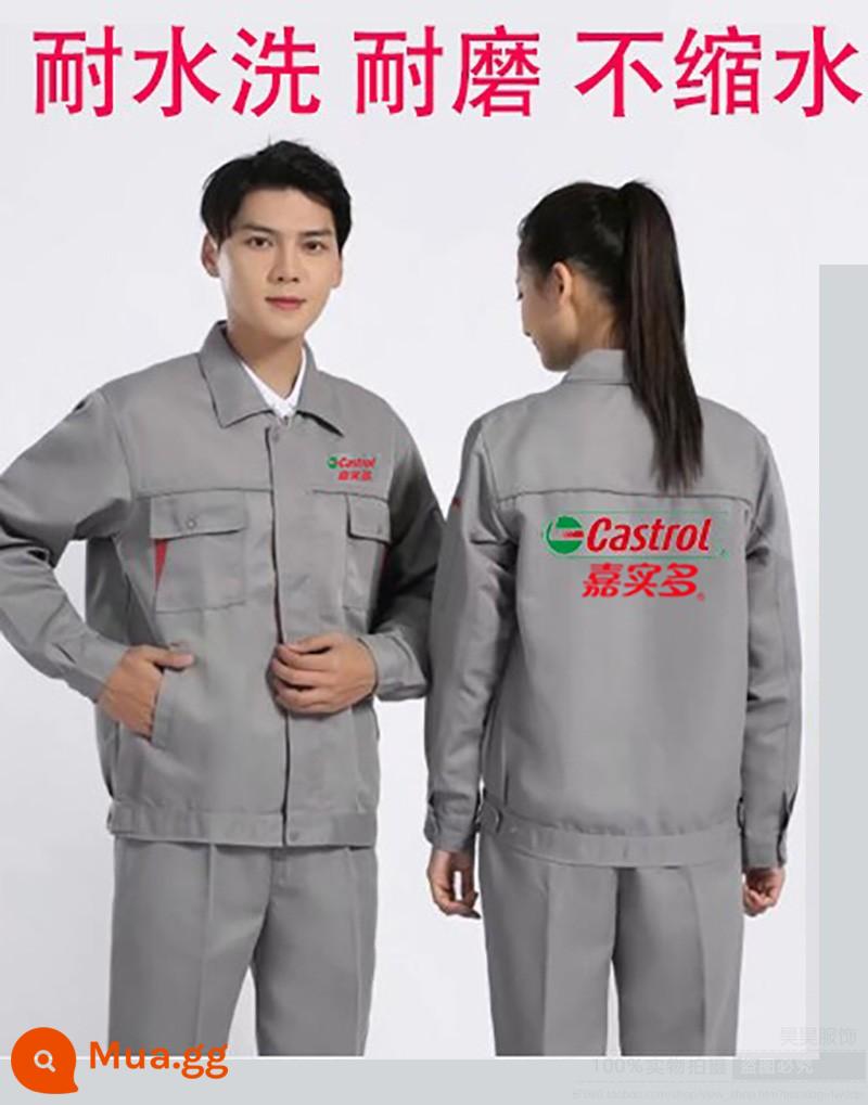 Quần áo công sở Castrol dài tay áo khoác mùa thu in logo trang trí trang trí bộ đồ sửa chữa ô tô Shell Mobil tùy chỉnh quần áo bảo hộ lao động - Bộ đồ Castrol màu xám