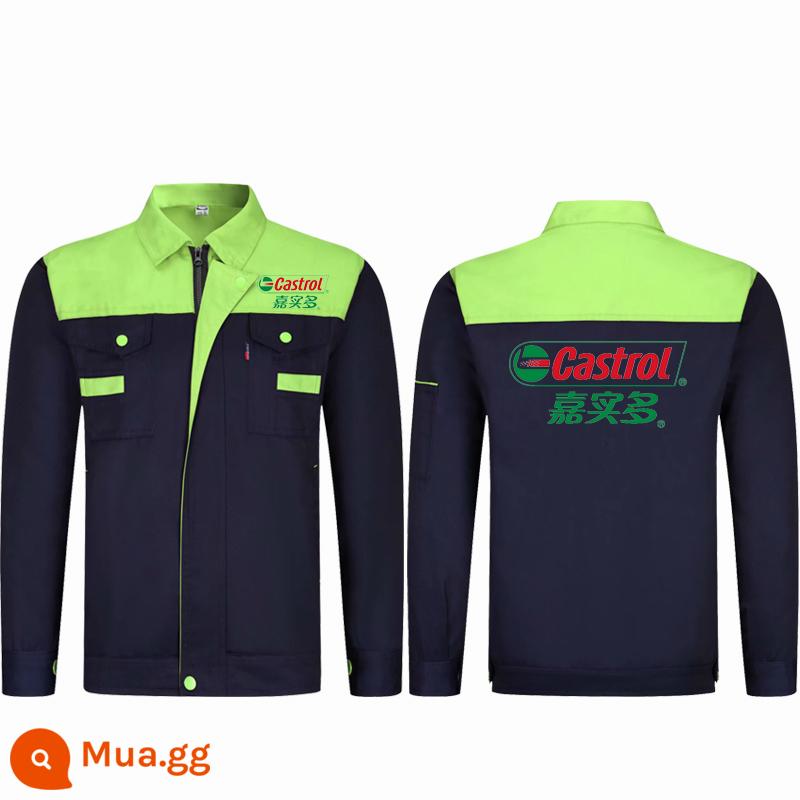 Quần áo công sở Castrol dài tay áo khoác mùa thu in logo trang trí trang trí bộ đồ sửa chữa ô tô Shell Mobil tùy chỉnh quần áo bảo hộ lao động - Logo Castrol phía trên màu xanh navy và xanh lá cây có thể thay đổi được