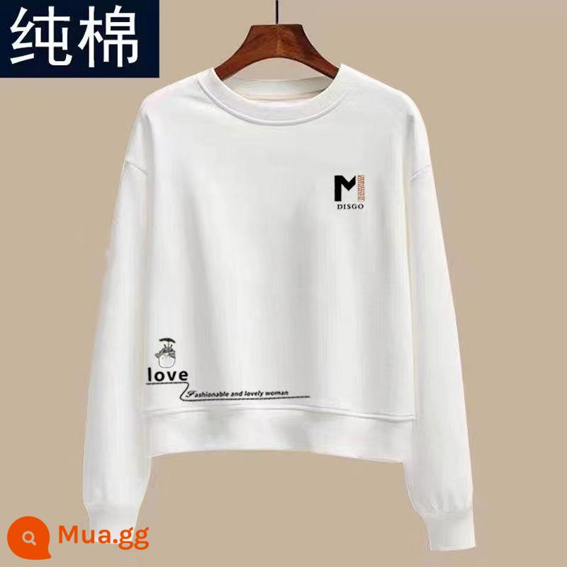 100% cotton mùa xuân và mùa thu phong cách mới nhỏ nhắn cổ tròn ngắn có mũ trùm đầu cho phụ nữ dáng rộng thời trang lưng cao cotton nguyên chất - Chữ M màu trắng [bông]