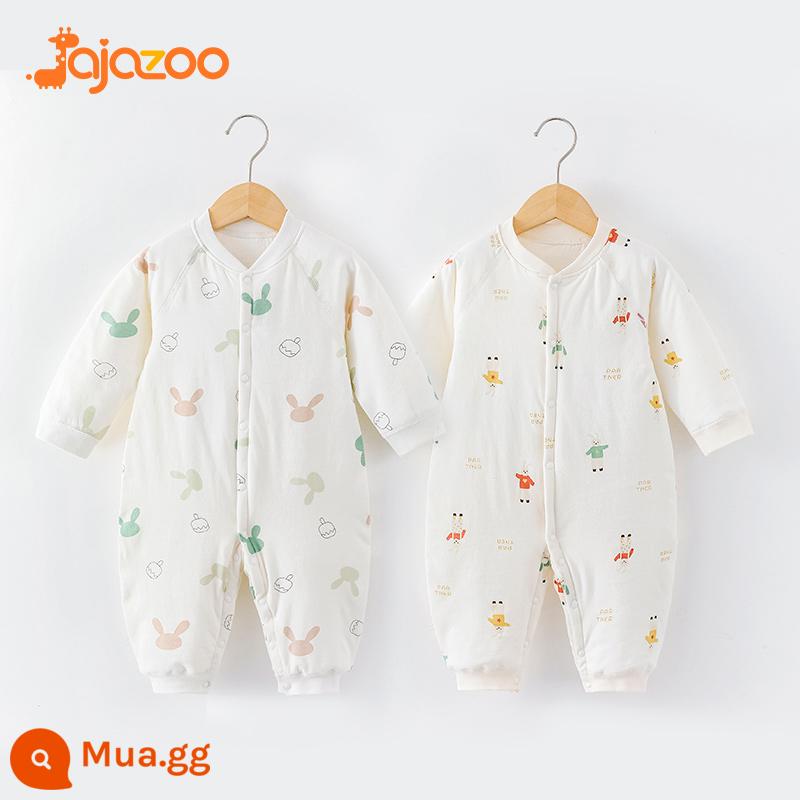 Áo liền quần cho bé mùa thu đông ấm áp nguyên chất cotton sơ sinh mỏng quần lót cotton quần áo trẻ em rompers chần bông quần áo mùa xuân - Tai thỏ + người thỏ