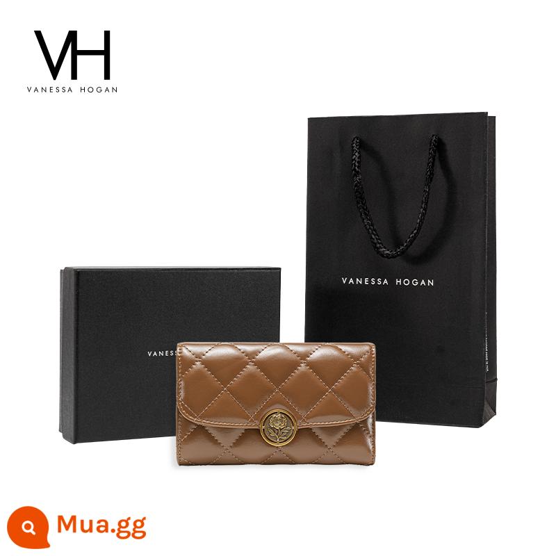 VH Túi Nữ 2022 Thời Trang Mới Ví Hoa Hồng Ví Hình Thoi Tính Khí Túi Clutch Đa Thẻ Da Bò Ví Tiền Xu - Màu nâu (bao gồm hộp quà)