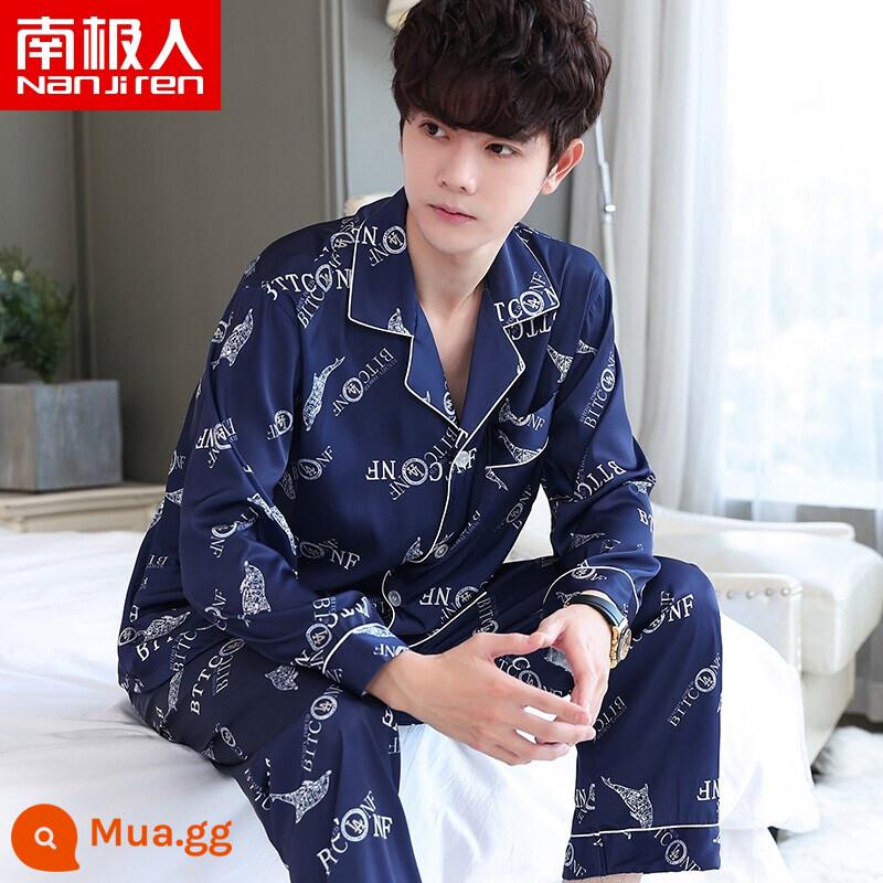 Nanjiren Pyjamas Nam Ice Silk Phần Mỏng Mùa Hè Voan Homewear Thoáng Khí Mới Lụa Ngắn Tay Bộ - NSLQ-[Satin Chiffon]-[Double Long] 22012-1 Cá Heo Xanh Navy