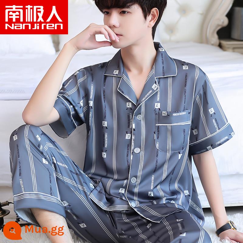 Nanjiren Pyjamas Nam Ice Silk Phần Mỏng Mùa Hè Voan Homewear Thoáng Khí Mới Lụa Ngắn Tay Bộ - NSLQ-[Satin Voan]-[Ngắn Dài]22022-Sọc Dọc