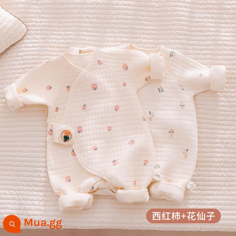 Quần áo sơ sinh, áo liền quần thu đông, quần áo ấm không xương cotton mỏng cho bé sơ sinh, quần áo mùa thu cotton thoáng khí - Bộ hai gói Cà Chua+Hoa Tiên được giảm giá nhiều hơn