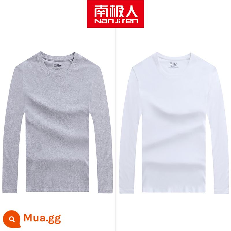 Áo thun dài tay màu trơn cho nam mùa thu đông với chất liệu cotton nguyên chất rộng rãi thường mặc bên trong Áo thun trắng ngắn tay quần áo hàng đầu - [Trắng + Xám Nhạt] Tay Dài Cotton Nguyên Chất