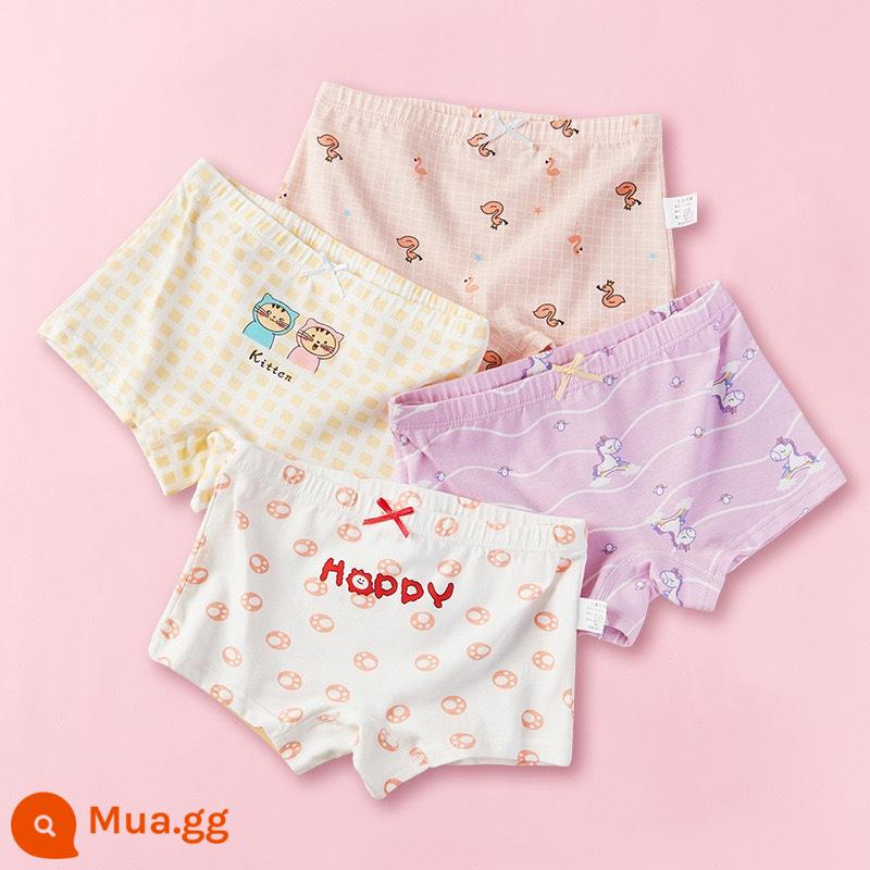 Quần lót trẻ em bé gái cotton nguyên chất quần lót boxer bé gái quần lót boxer trẻ em lớn bé cotton tam giác 100% không kẹp PP - Hộp Bubble Rabbit 4 Gói (kháng khuẩn và kháng khuẩn)