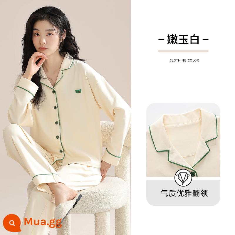 Bộ đồ ngủ cotton nguyên chất Nanjiren cho nữ xuân thu 2023 quần dài tay mới cỡ lớn có thể mặc bên ngoài quần áo ở nhà phù hợp với phụ nữ - Ngọc trắng dịu dàng [100% cotton]