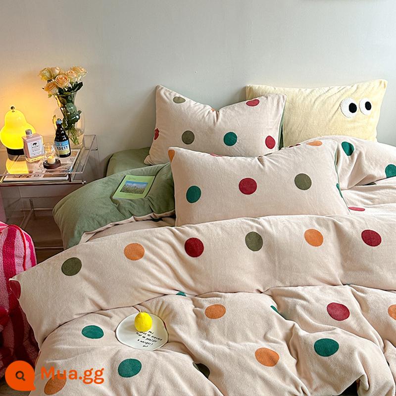 Nhung Sữa 4 Mùa Đông Nhung San Hô Giường 3 Plus Nhung Vỏ Chăn 2 Mặt Dép Nỉ sang Trọng Tờ - Sữa Velvet-Retro Dots [Nhung Sữa Ấm Dày]