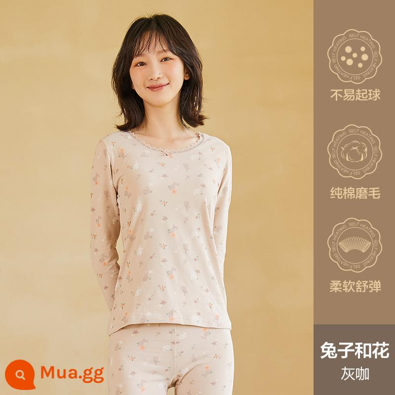 Hengyuanxiang quần áo mùa thu vệ sinh quần nữ cotton nguyên chất phù hợp với sưởi ấm quần áo cô gái học sinh đáy áo len cotton mỏng phần mùa đông - Thỏ và hoa (cà phê xám)