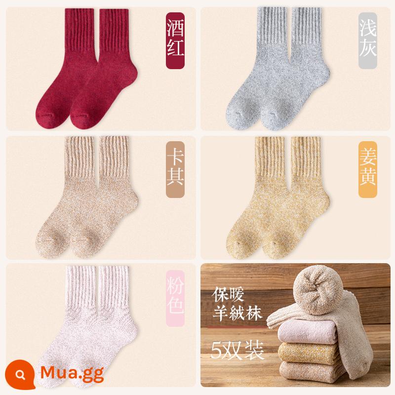 Vớ len nữ mùa đông Plus nhung dày giữa ống tất mùa thu đông ấm sàn cashmere ngủ giam tất sau sinh - 5 đôi [Bộ giữ nhiệt cashmere 3260] 1 hồng 1 đỏ tía 1 xám nhạt 1 kaki 1 nghệ