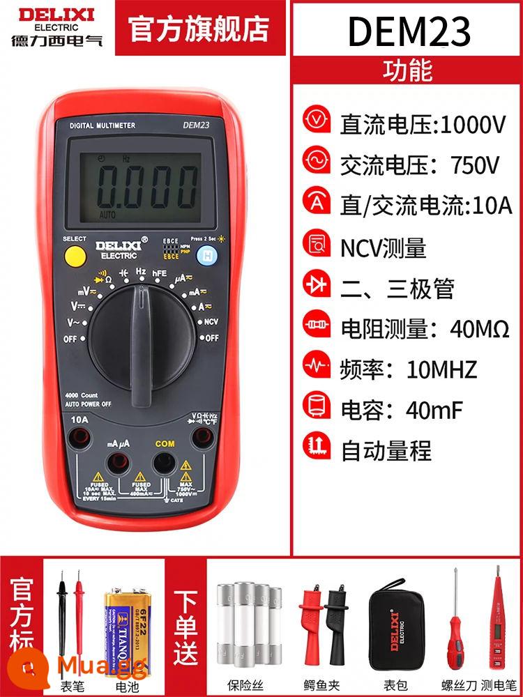 Đồng hồ vạn năng Delixi kẹp tự động thông minh nhỏ cầm tay kỹ thuật số bảo trì độ chính xác cao thợ điện đồng hồ vạn năng - Đồng hồ vạn năng DEM23 [đi kèm tuốc nơ vít, cầu chì, kẹp cá sấu, túi đựng đồng hồ, bút thử]