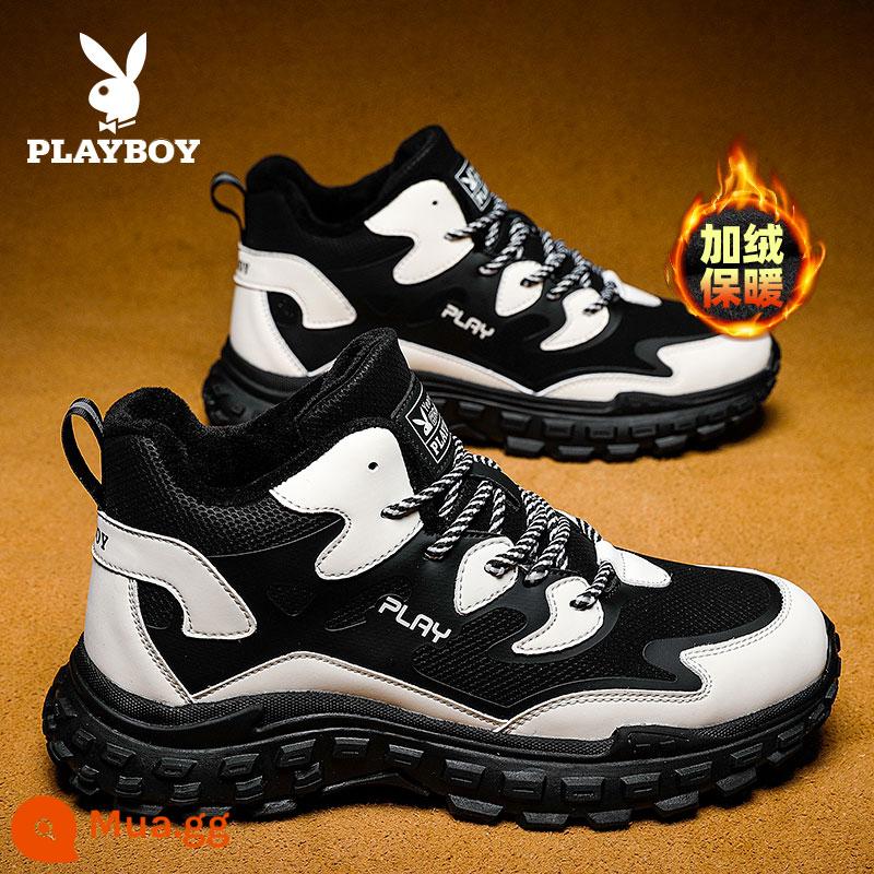 Giày Nam Playboy Thu Đông 2022 Plus Nhung Đế Dày Thể Thao Ống Cao Nam Tăng Chiều Cao Sinh Viên Giày Cotton Nam - KX-355-1m/đen cộng với nhung