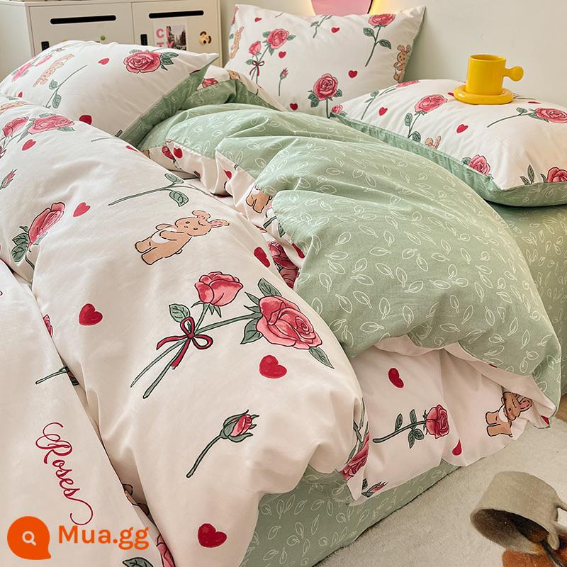 Ins Gió Hoạt Hình Bộ 4 Bộ Cotton Nguyên Chất 100 Cotton Ga Trải Giường Vỏ Chăn Lưới Chăn Ga Gối Màu Đỏ Ký Túc Xá 3 Mảnh Ga Giường - thỏ hồng