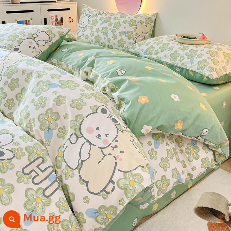 Ins Gió Hoạt Hình Bộ 4 Bộ Cotton Nguyên Chất 100 Cotton Ga Trải Giường Vỏ Chăn Lưới Chăn Ga Gối Màu Đỏ Ký Túc Xá 3 Mảnh Ga Giường - thỏ xanh