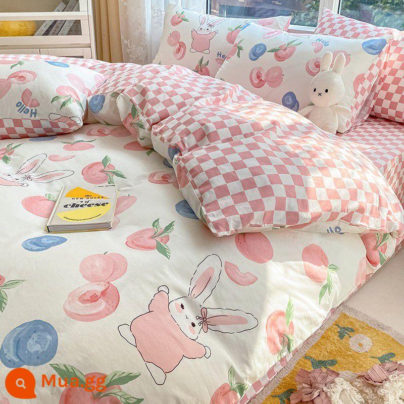 Ins Gió Hoạt Hình Bộ 4 Bộ Cotton Nguyên Chất 100 Cotton Ga Trải Giường Vỏ Chăn Lưới Chăn Ga Gối Màu Đỏ Ký Túc Xá 3 Mảnh Ga Giường - Thỏ đào