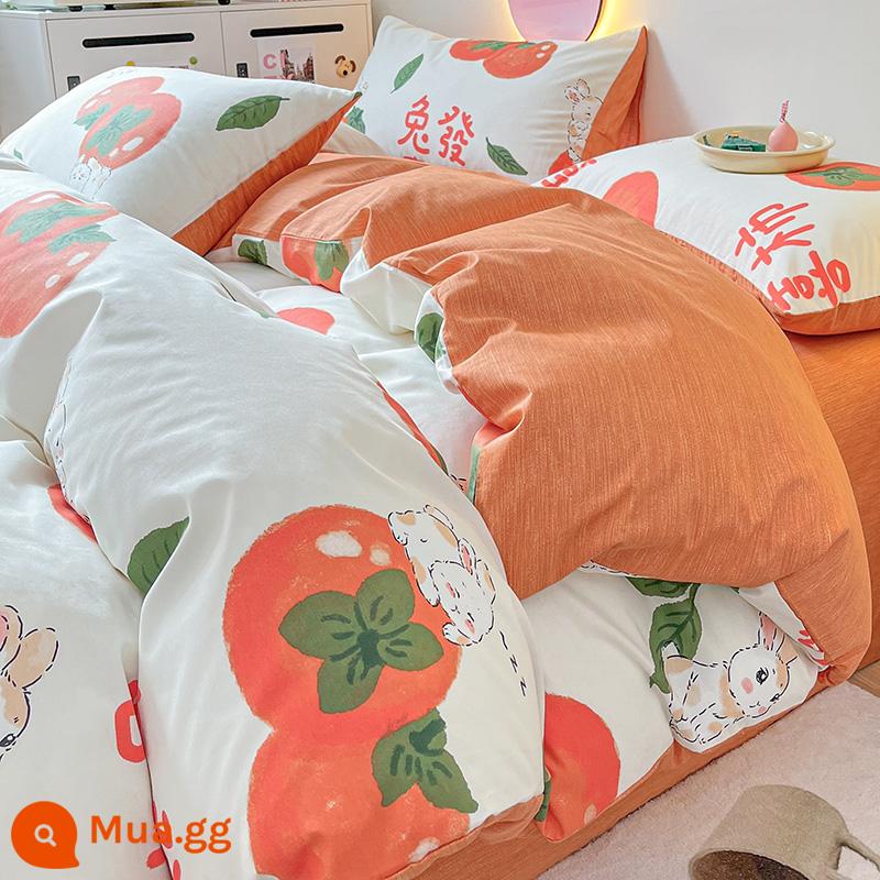 Ins Gió Hoạt Hình Bộ 4 Bộ Cotton Nguyên Chất 100 Cotton Ga Trải Giường Vỏ Chăn Lưới Chăn Ga Gối Màu Đỏ Ký Túc Xá 3 Mảnh Ga Giường - Tóc thỏ quả hồng hạnh phúc