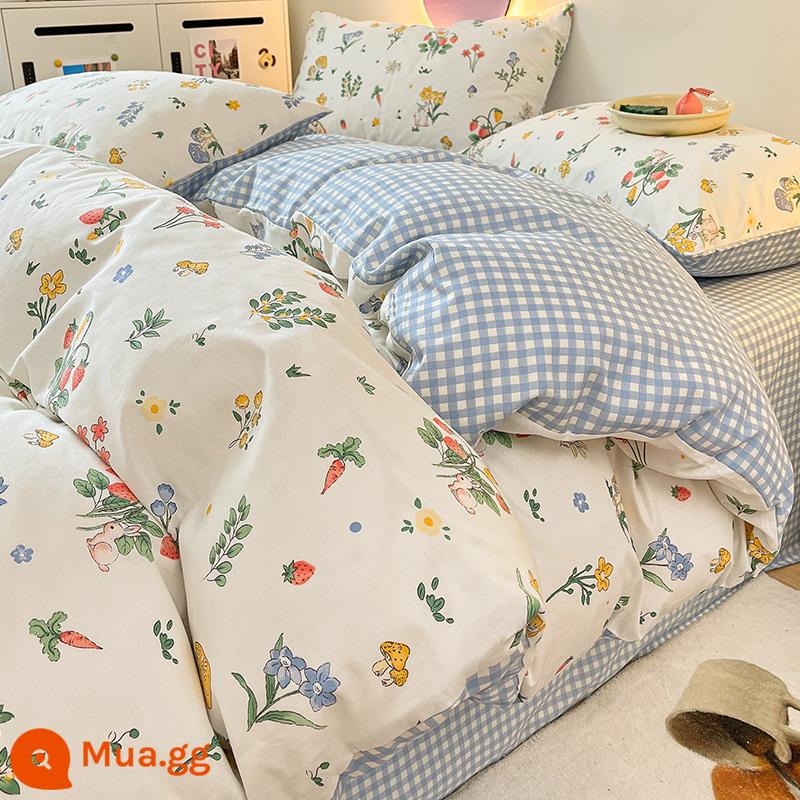 Ins Gió Hoạt Hình Bộ 4 Bộ Cotton Nguyên Chất 100 Cotton Ga Trải Giường Vỏ Chăn Lưới Chăn Ga Gối Màu Đỏ Ký Túc Xá 3 Mảnh Ga Giường - Thỏ dâu nấm