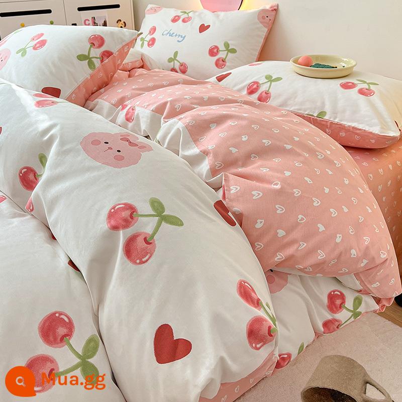 Ins Gió Hoạt Hình Bộ 4 Bộ Cotton Nguyên Chất 100 Cotton Ga Trải Giường Vỏ Chăn Lưới Chăn Ga Gối Màu Đỏ Ký Túc Xá 3 Mảnh Ga Giường - Thỏ Cheri