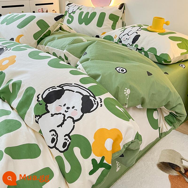 Ins Gió Hoạt Hình Bộ 4 Bộ Cotton Nguyên Chất 100 Cotton Ga Trải Giường Vỏ Chăn Lưới Chăn Ga Gối Màu Đỏ Ký Túc Xá 3 Mảnh Ga Giường - con chó chữ màu xanh lá cây