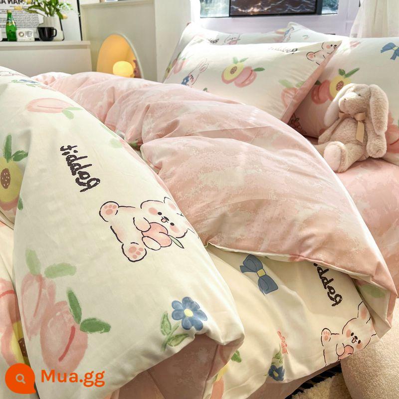 Ins Gió Hoạt Hình Bộ 4 Bộ Cotton Nguyên Chất 100 Cotton Ga Trải Giường Vỏ Chăn Lưới Chăn Ga Gối Màu Đỏ Ký Túc Xá 3 Mảnh Ga Giường - Taotutu YC