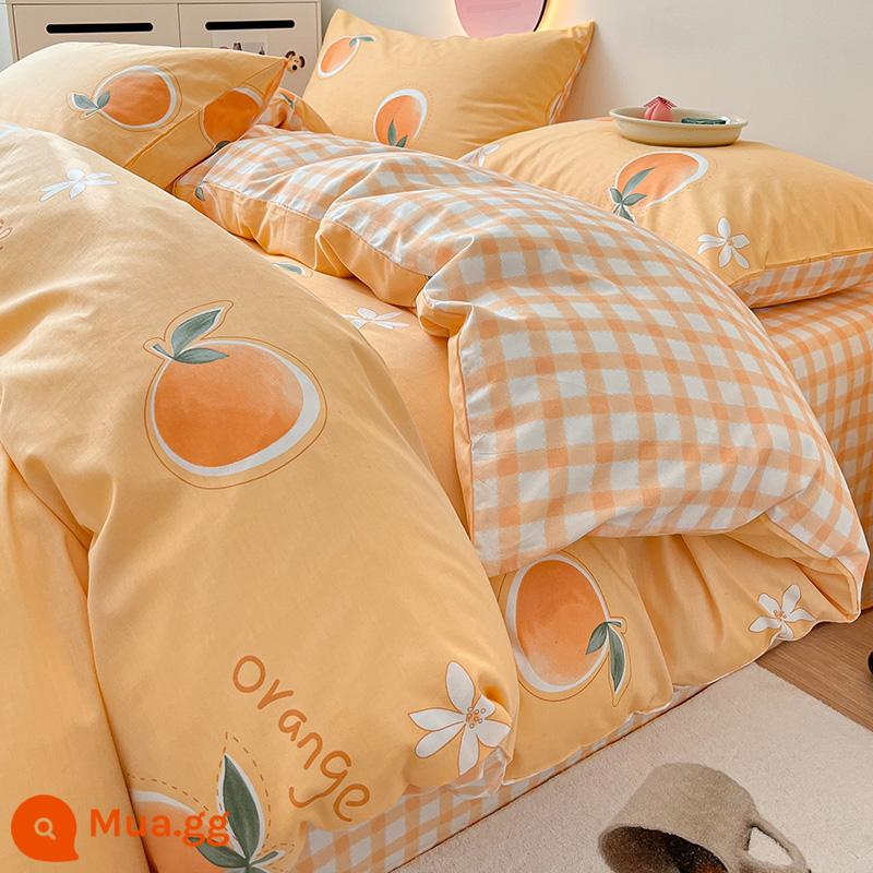 Ins Gió Hoạt Hình Bộ 4 Bộ Cotton Nguyên Chất 100 Cotton Ga Trải Giường Vỏ Chăn Lưới Chăn Ga Gối Màu Đỏ Ký Túc Xá 3 Mảnh Ga Giường - Cam C