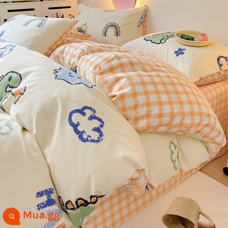 Ins Gió Hoạt Hình Bộ 4 Bộ Cotton Nguyên Chất 100 Cotton Ga Trải Giường Vỏ Chăn Lưới Chăn Ga Gối Màu Đỏ Ký Túc Xá 3 Mảnh Ga Giường - khủng long nhỏ