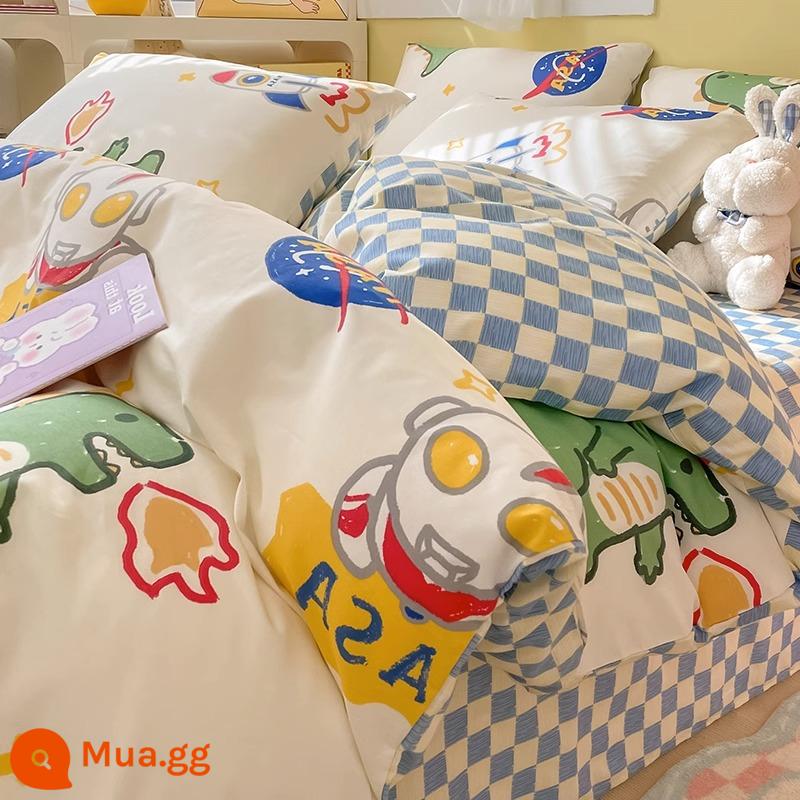 Ins Gió Hoạt Hình Bộ 4 Bộ Cotton Nguyên Chất 100 Cotton Ga Trải Giường Vỏ Chăn Lưới Chăn Ga Gối Màu Đỏ Ký Túc Xá 3 Mảnh Ga Giường - Tiga