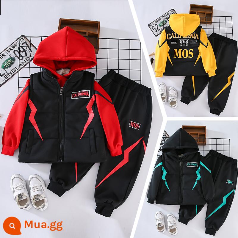 Internet Người nổi tiếng quần áo trẻ em 6 Boys Spring và Autumn Sport - Bộ ba món A015 Lightning plus nhung đỏ [áo ghi lê + áo nỉ + quần]