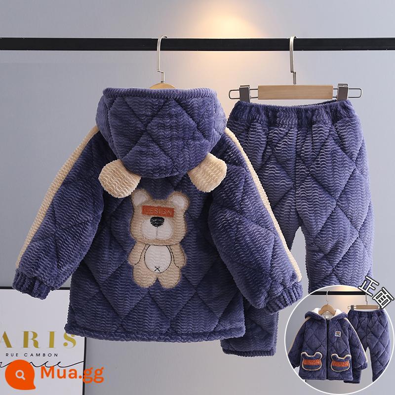 Trẻ Em Bộ Đồ Ngủ Mùa Đông Dày Plus Nhung Plus Cotton Nỉ Hoạt Hình Có Mũ Trùm Đầu Bé Trai Nhà Quần Áo Nỉ San Hô Phù Hợp Với Mùa Đông - H23-Dây Kéo Gấu Xanh Đậm