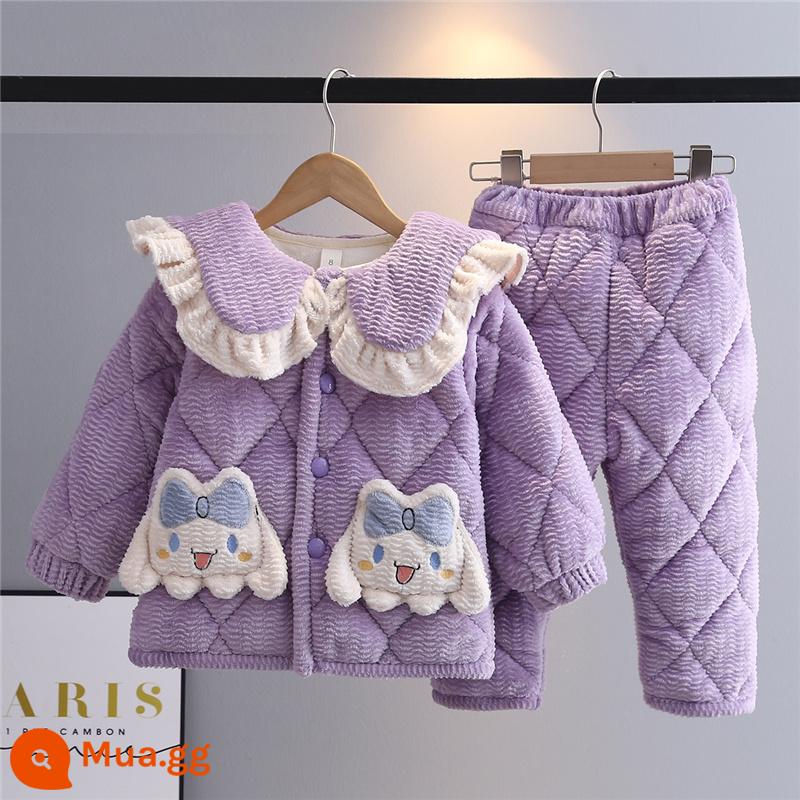 Trẻ Em Bộ Đồ Ngủ Mùa Đông Dày Plus Nhung Plus Cotton Nỉ Hoạt Hình Có Mũ Trùm Đầu Bé Trai Nhà Quần Áo Nỉ San Hô Phù Hợp Với Mùa Đông - H45-Cổ ren hoa quế tím