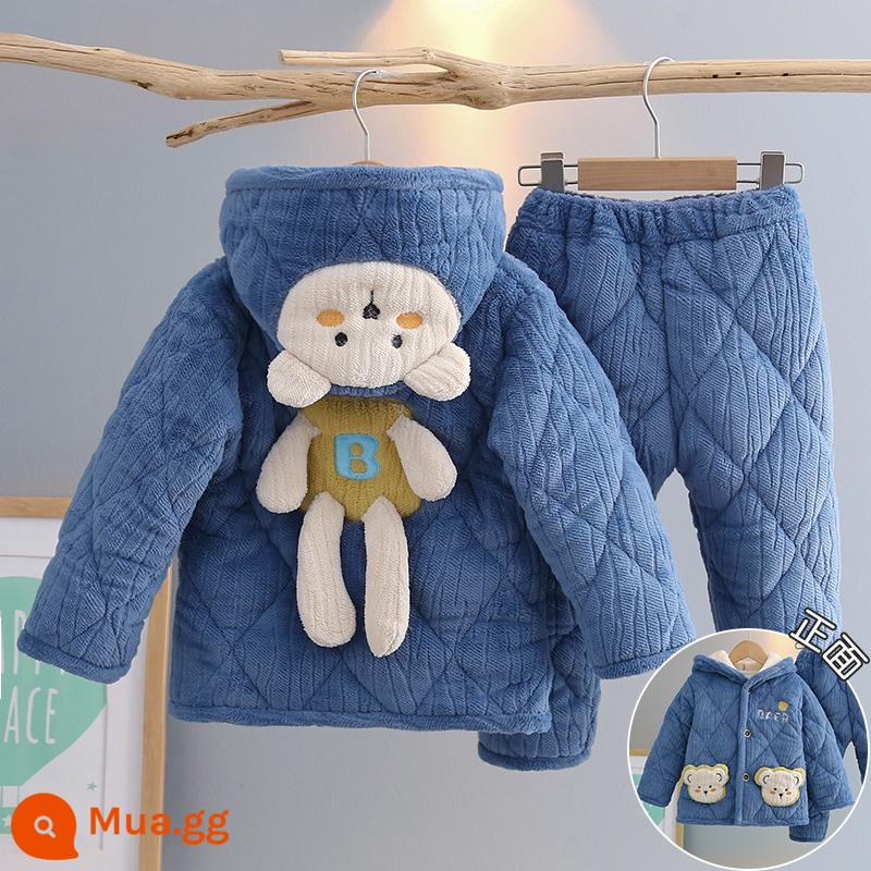 Trẻ Em Bộ Đồ Ngủ Mùa Đông Dày Plus Nhung Plus Cotton Nỉ Hoạt Hình Có Mũ Trùm Đầu Bé Trai Nhà Quần Áo Nỉ San Hô Phù Hợp Với Mùa Đông - H184-denim gấu xanh dễ thương