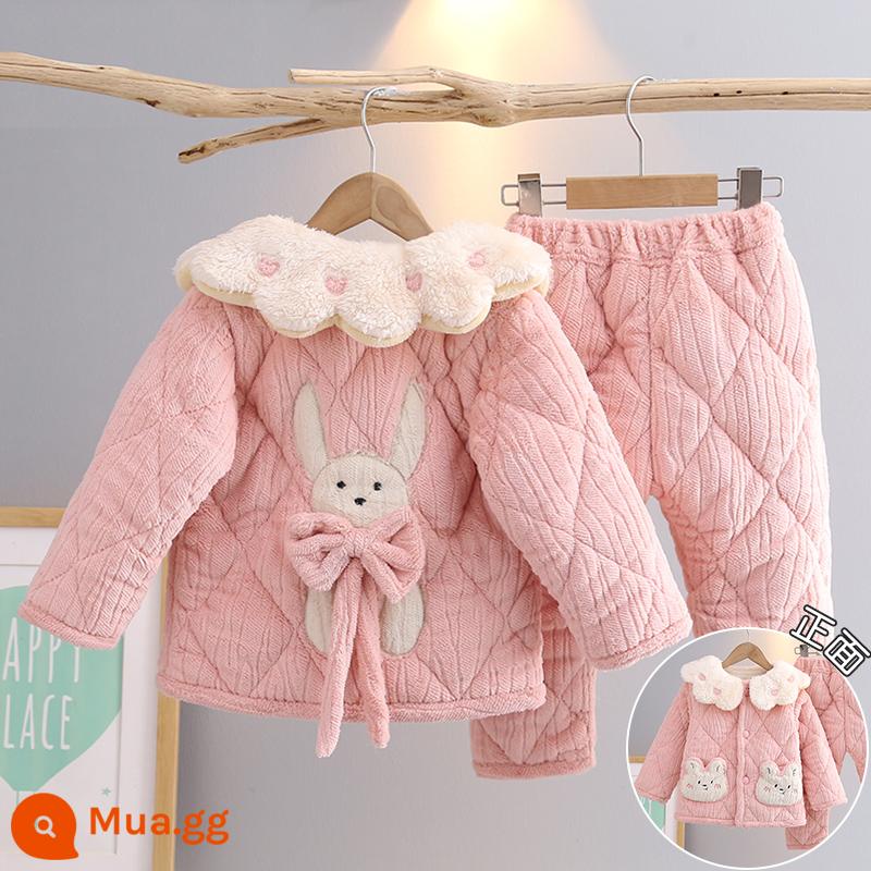 Trẻ Em Bộ Đồ Ngủ Mùa Đông Dày Plus Nhung Plus Cotton Nỉ Hoạt Hình Có Mũ Trùm Đầu Bé Trai Nhà Quần Áo Nỉ San Hô Phù Hợp Với Mùa Đông - H171-Thỏ Bướm Hồng