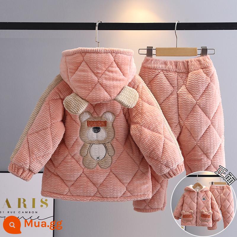 Trẻ Em Bộ Đồ Ngủ Mùa Đông Dày Plus Nhung Plus Cotton Nỉ Hoạt Hình Có Mũ Trùm Đầu Bé Trai Nhà Quần Áo Nỉ San Hô Phù Hợp Với Mùa Đông - H22-Dây Kéo Gấu Hồng