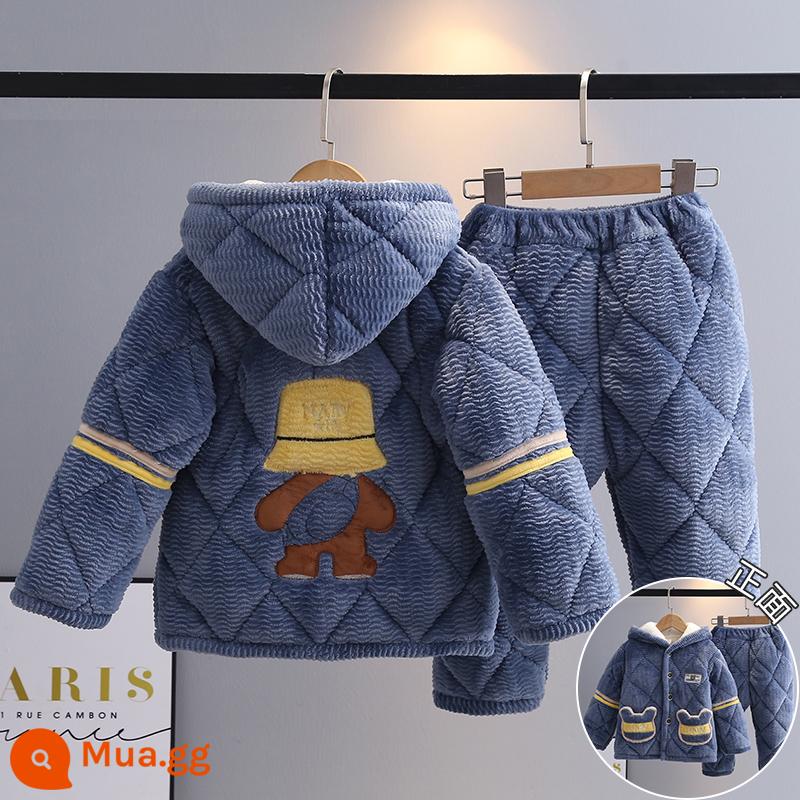 Trẻ Em Bộ Đồ Ngủ Mùa Đông Dày Plus Nhung Plus Cotton Nỉ Hoạt Hình Có Mũ Trùm Đầu Bé Trai Nhà Quần Áo Nỉ San Hô Phù Hợp Với Mùa Đông - H37-gấu thánh ca xanh