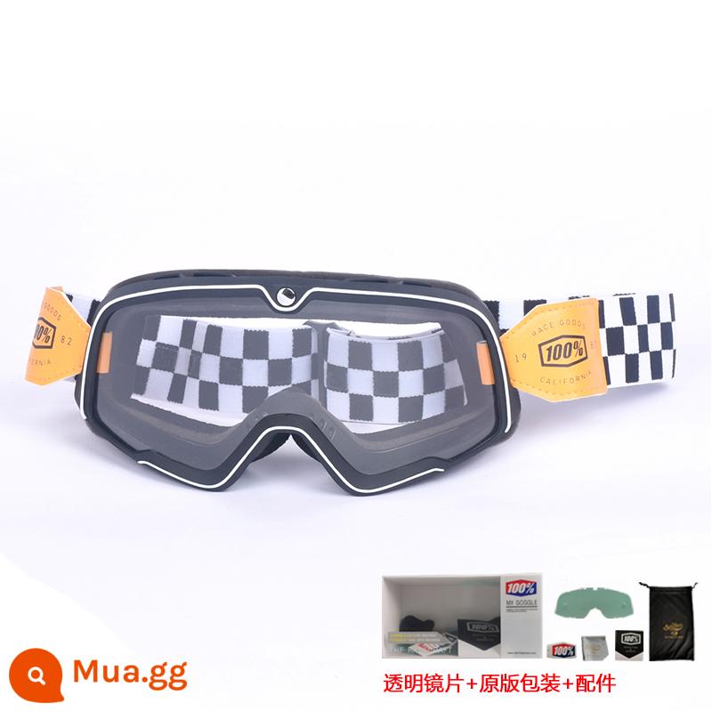 100% kính xe máy Harley retro chống gió cát kính xe máy off-road cưỡi mũ bảo hiểm 3/4 kính - Phim trong suốt khung đen - băng kẻ caro (gửi ống kính trong suốt + bao bì gốc)