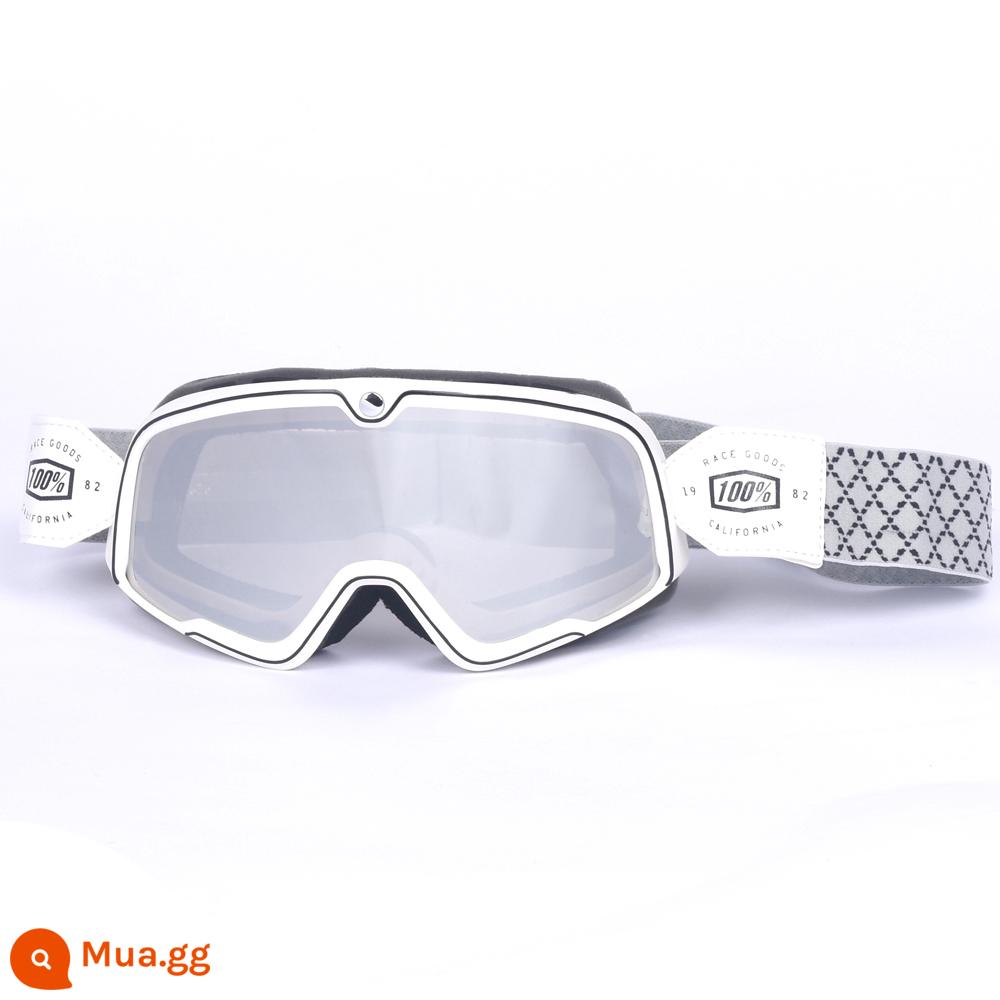 100% kính xe máy Harley retro chống gió cát kính xe máy off-road cưỡi mũ bảo hiểm 3/4 kính - Kính đeo thắt lưng kim cương tấm bạc có khung màu trắng, tròng kính trong suốt thay thế miễn phí