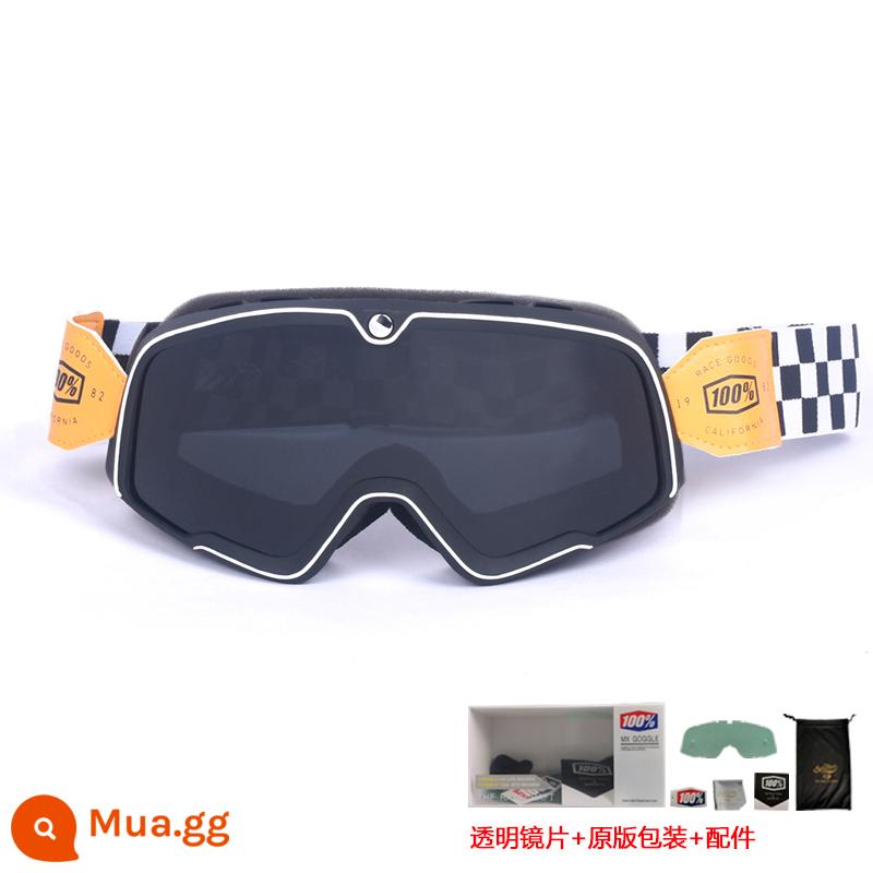 100% kính xe máy Harley retro chống gió cát kính xe máy off-road cưỡi mũ bảo hiểm 3/4 kính - Phim màu xám khung đen - băng kẻ caro (gửi ống kính trong suốt + bao bì gốc)