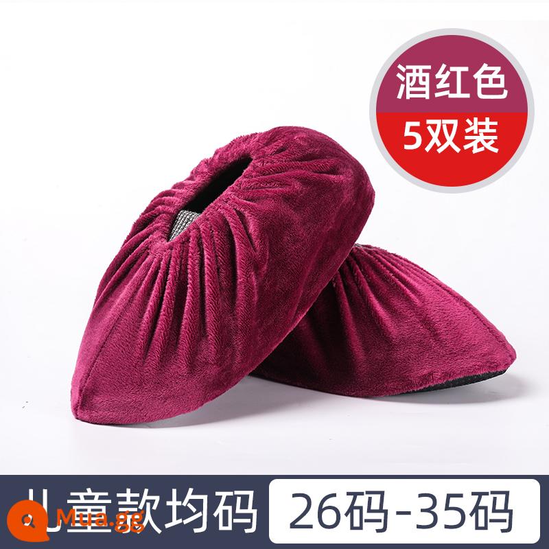 Vỏ giày flannel, vải trong nhà gia dụng, có thể giặt và tái sử dụng, miếng lót chân dày, chống trượt, chống mài mòn, phòng máy tính học sinh, trẻ em - Trẻ em màu đỏ tía [gói 5 đôi] đường khâu gia cố, chống trượt và chống mài mòn