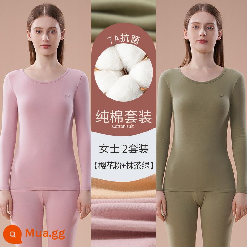 Catman Quần áo làm nóng bằng cotton nguyên chất Áo len cotton nữ có đáy bên trong Mặc quần áo mùa thu Bộ quần vệ sinh Phần mỏng kháng khuẩn mùa đông cho nữ - Hồng Sakura + xanh matcha