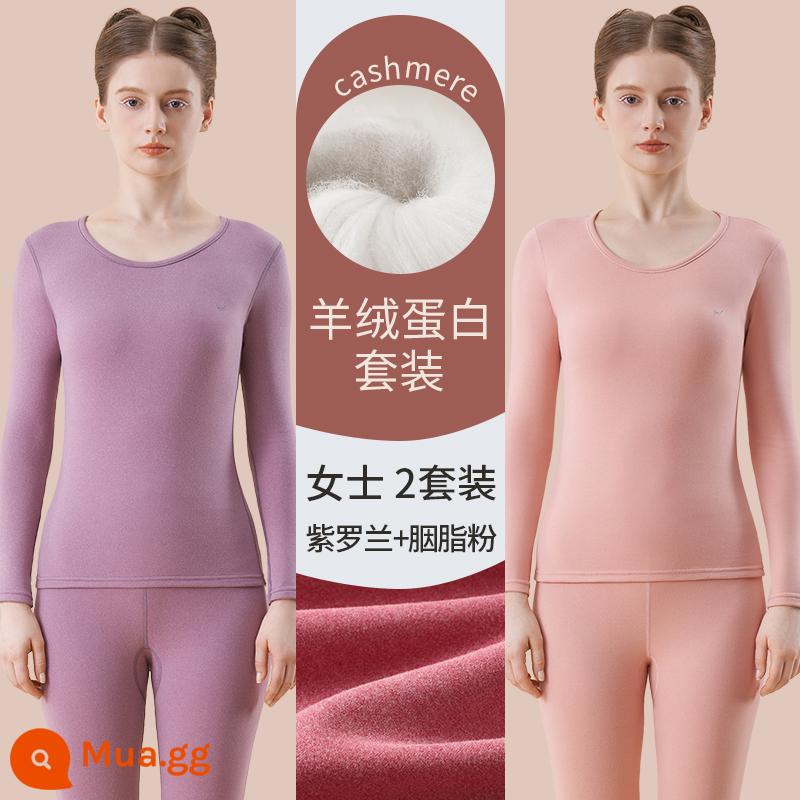 Catman Lụa Cashmere Làm Nóng Quần Áo Nữ Dày Plus Quần Lót Nhung Mặc Quần Áo Mùa Thu Bộ Quần Vệ Sinh Mùa Đông Đáy Áo Sơ Mi - Bột màu tím + hồng